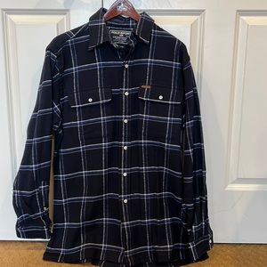 Men’s Polo Sport Sportsman Flannel Shirt size M 100%cotton navy plaid pit2pit24”